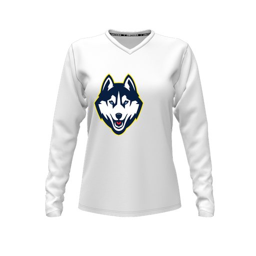 [FTLVCFWH-FYXS-LOGO1] Decker Comfort T-Shirt (Female Youth XS, White, V Neck, Logo 1, Long Sleeve)