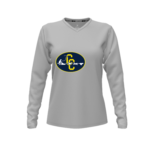 [CUS-DFW-TEES-CMF-VNK-LSL-GRY-FYXS-LOGO2] Decker Comfort T-Shirt (Female Youth XS, Gray, V Neck, Logo 2, Long Sleeve)