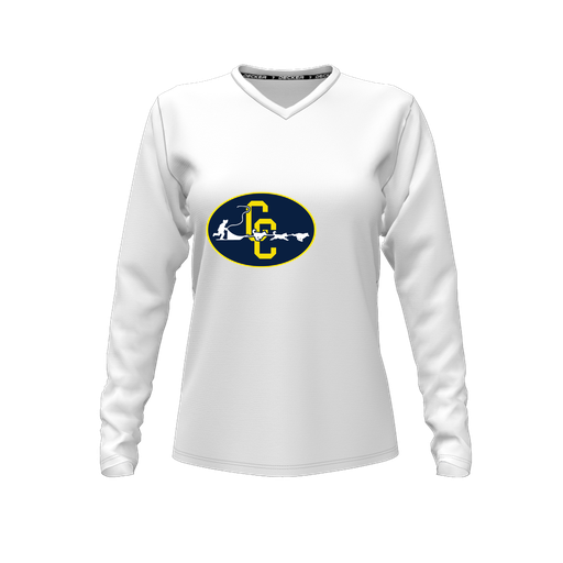 [FTLVPTWH-FYXS-LOGO2] Decker Performance T-Shirt (Female Youth XS, White, V Neck, Logo 2, Long Sleeve)